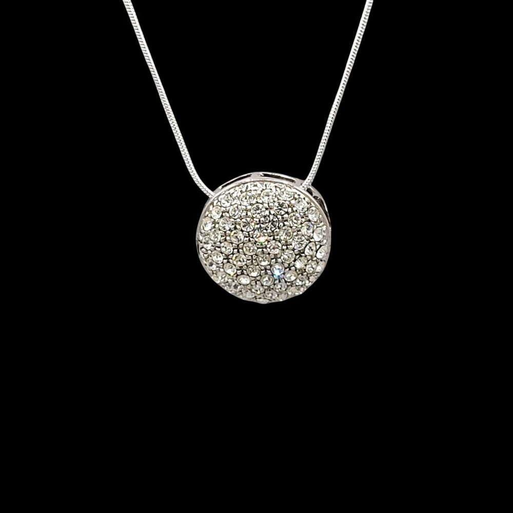 Pave Set Crystals Domed Pendant Necklace Sparkly Party Silver Tone Metal 16"
